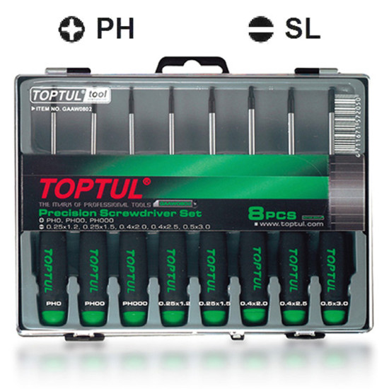 Набор миниатюрных отверток (PH000-PH0, SL1.2-SL3) 8 ед. TOPTUL GAAW0802