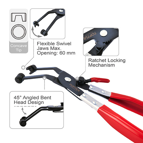 Клещи для снятия хомутов, изогнутые на 45° TOPTUL JDAM039C